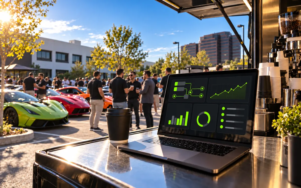 A laptop with an operations dashboard on the coffee truck counter